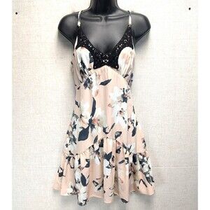 NWT Aqua Blush Pink Floral Black Lace V-Neck Ruffle A-Line Dress Size S